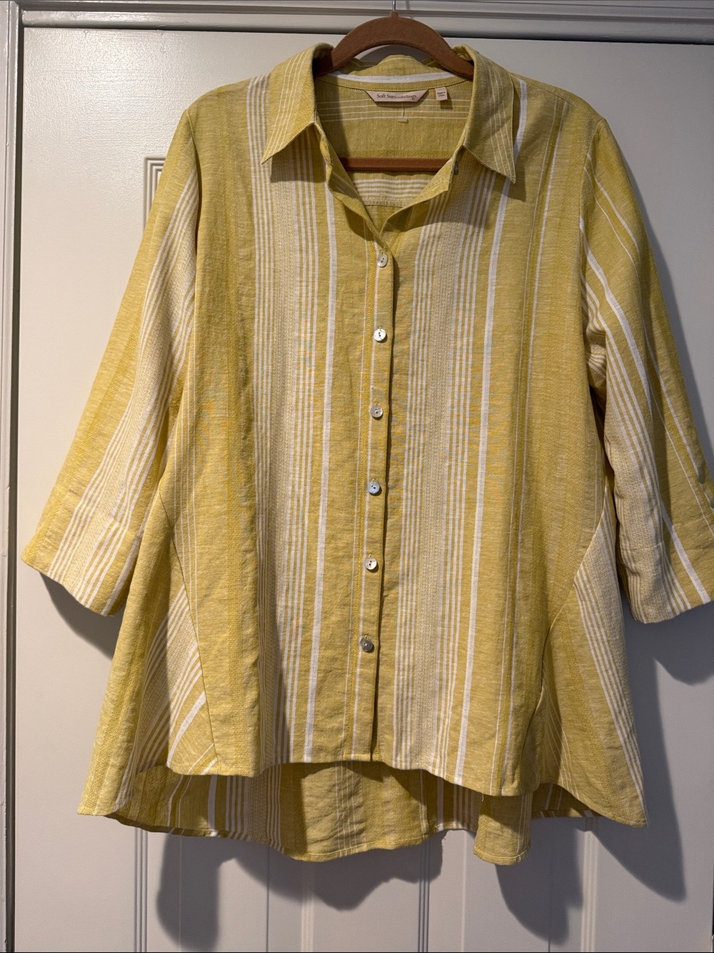 Soft Surrounding Yellow White Striped Button DownTop Casual Linen Cotton Blend L